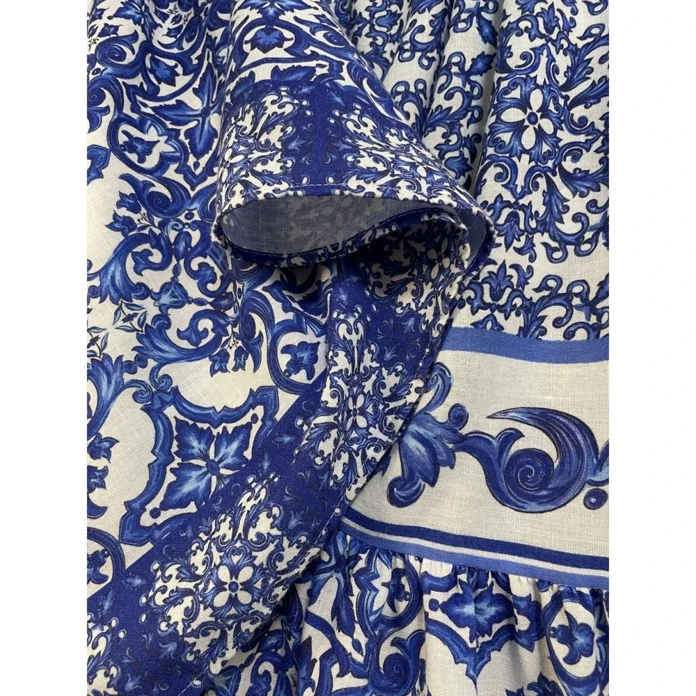 BSB Collection Blue White Majolica Print Tiered Ruffle Maxi Skirt Womens 42 US 6